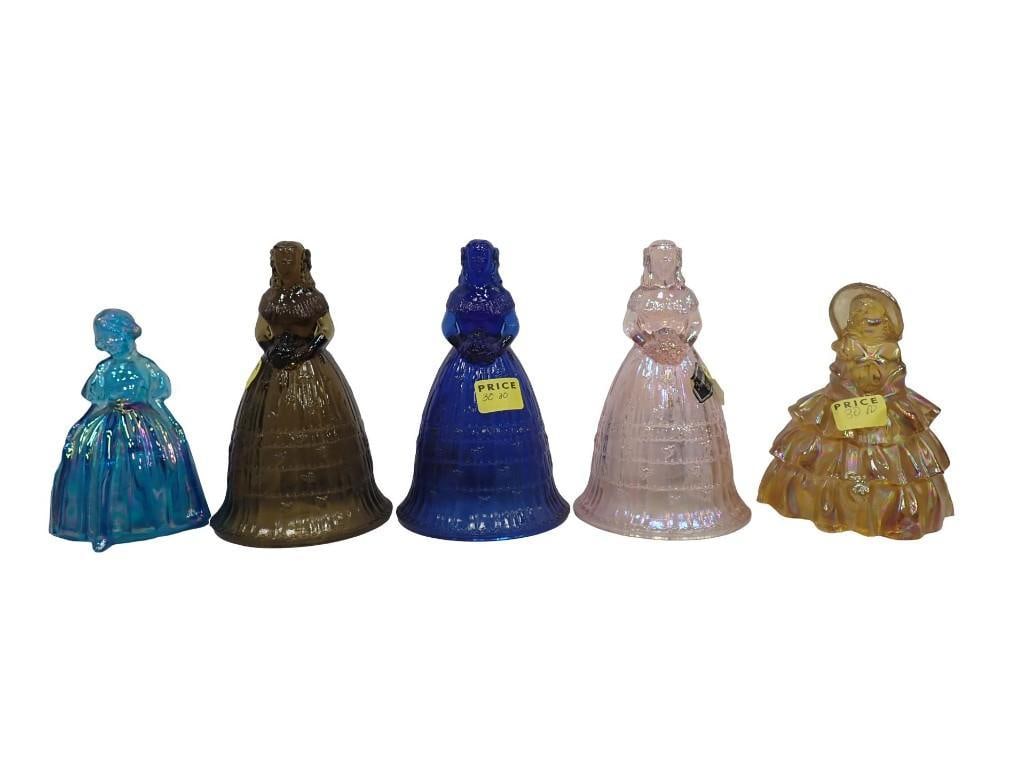 5 pc incl 3 Imperial Glass Lady Bells and 2 Wheaton Glass Lady Figures: 5 pc incl 3 Imperial Glass Lady Bells and 2 Wheaton Glass Lady Figures All pictures are considered part of the description and should be examined carefully by bidders. Live Auctioneers is now offering