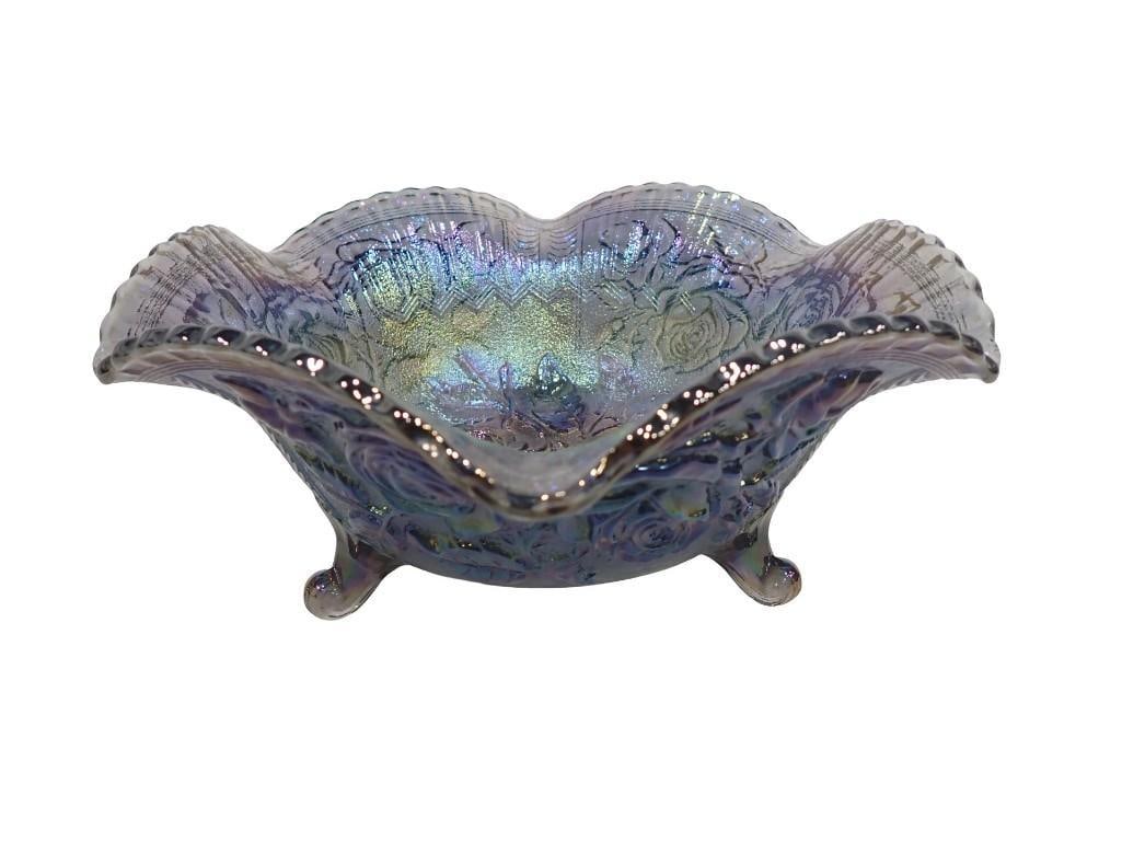 Large Fenton Open Rose Carnival Glass Footed Bowl: Large Fenton Open Rose Carnival Glass Footed Bowl All pictures are considered part of the description and should be examined carefully by bidders. Live Auctioneers is now offering Live Shipping throug