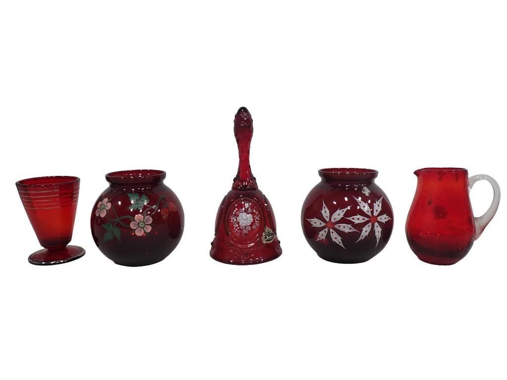 5 pc incl Hand Painted Fenton Bell, Small Red Crackle Vase, Red Footed Liqueur Glass, 2 Hand Painted: 5 pc incl Hand Painted Fenton Bell, Small Red Crackle Vase, Red Footed Liqueur Glass, 2 Hand Painted Rose Bowls All pictures are considered part of the description and should be examined carefully by 