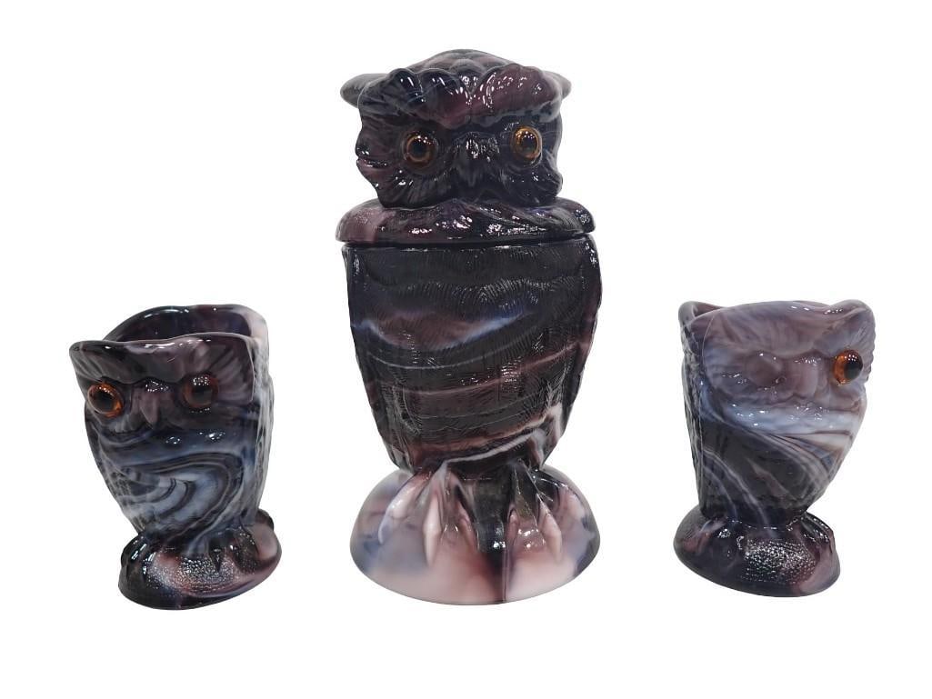 4pc Imperial incl Purple Slag Glass Owl Covered Dish with Matching Small Cream and Sugar,: 4pc Imperial incl Purple Slag Glass Owl Covered Dish with Matching Small Cream and Sugar - Creamer is missing an eye, All pictures are considered part of the description and should be examined c