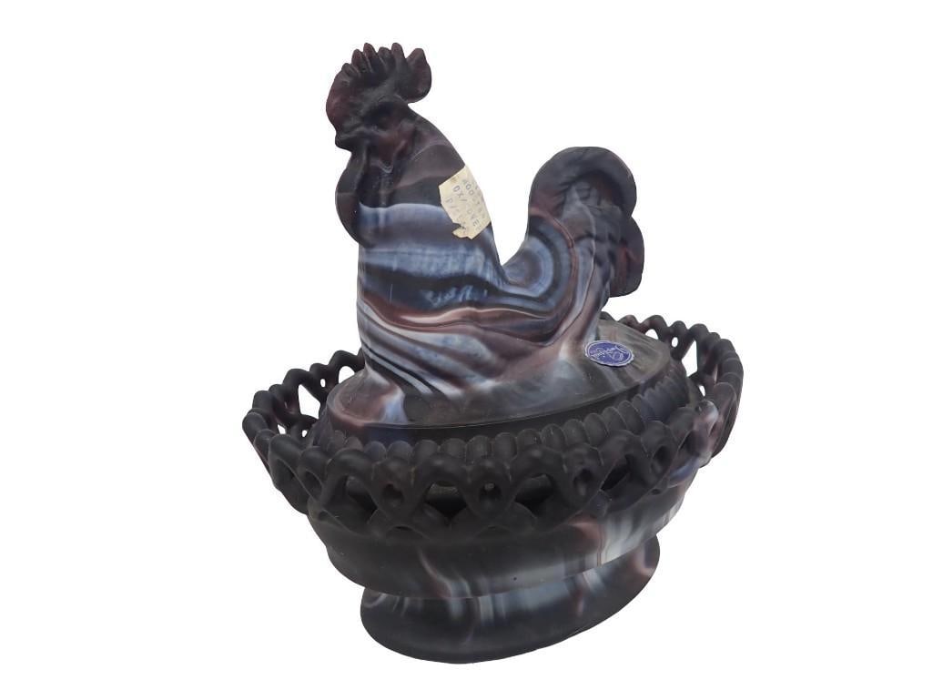 Imperial Glass Purple Slag Glass Rooster on Nest Satin Finish Large Size: Imperial Glass Purple Slag Glass Rooster on Nest Satin Finish Large Size All pictures are considered part of the description and should be examined carefully by bidders. Live Auctioneers is now offeri