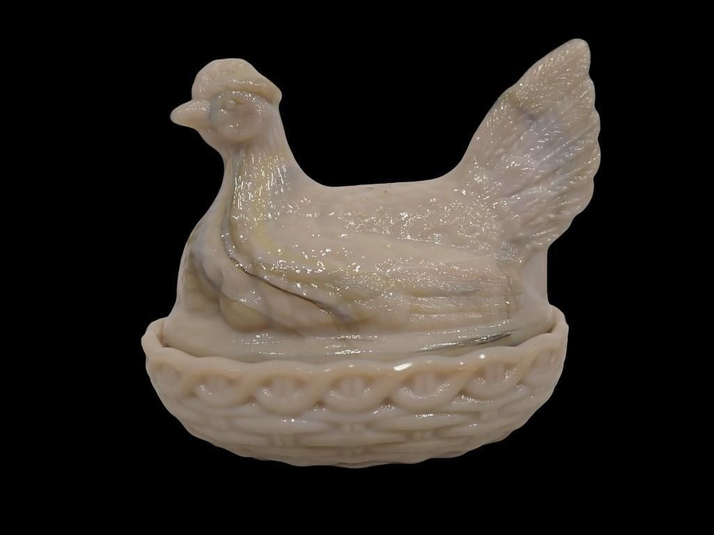 LE Smith Almond Nouveau Hen on Nest Covered Dish: LE Smith Almond Nouuveau Hen on Nest Covered Dish All pictures are considered part of the description and should be examined carefully by bidders. Live Auctioneers is now offering Live Shipping throug