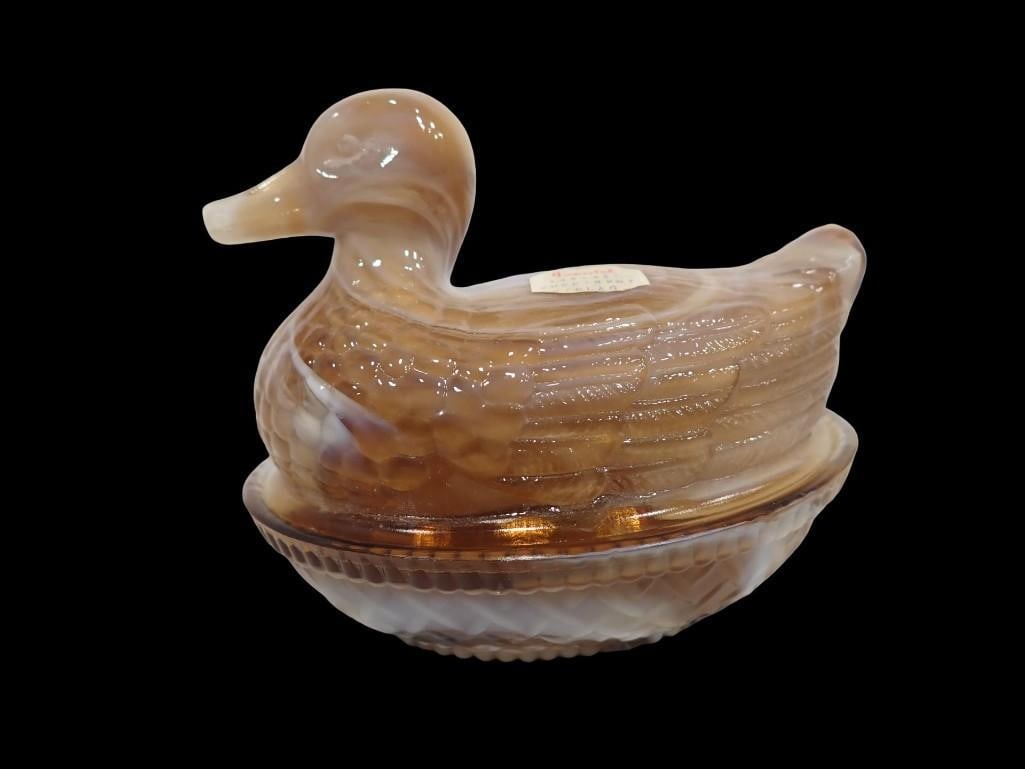 End o Day Glass by Imperial Duckling on Nest Caramel Slag Glass: End o Day Glass by Imperial Duckling on Nest Caramel Slag Glass All pictures are considered part of the description and should be examined carefully by bidders. Live Auctioneers is now offering Live S