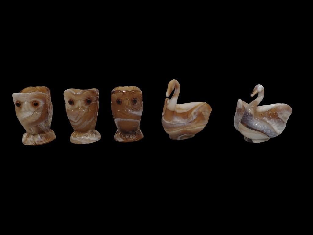 5 pc Imperial Glass incl 2 Caramel Swan Salt Cellars, 2 Caramel Slag Owl Toothpick and a Caramel Sl (1 of 19)
