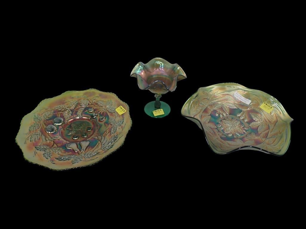 3 pc incl Small Fenton Carnival Footed Compote, Fenton Carnival Glass Wild Blackberry Bowl, (1 of 13)