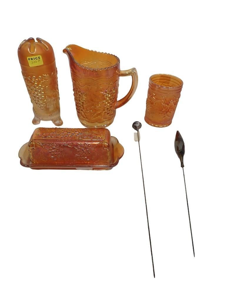 Marigold Carnival Glass Butter Dish, Tumbler, Small Pitcher, Hat Pin Holder with 2 Hat Pin (1 of 15)