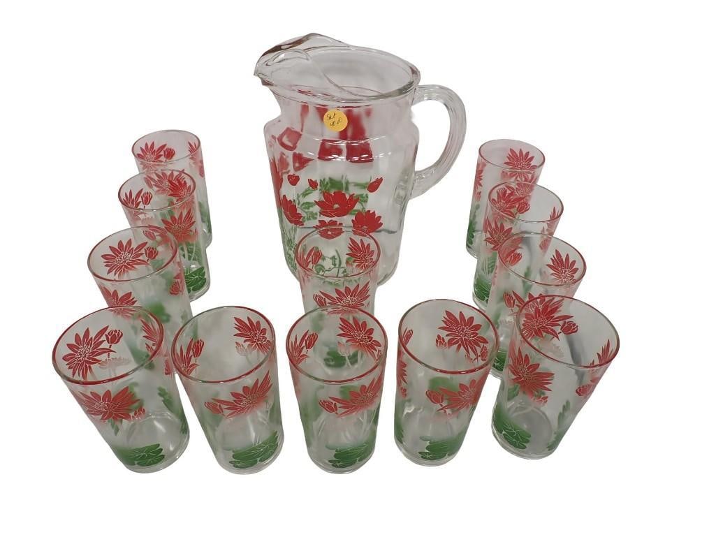 12 Mid Century Federal Glass Tumblers and a Pitcher: 12 Mid Century Federal Glass Tumblers and a Pitcher All pictures are considered part of the description and should be examined carefully by bidders. Live Auctioneers is now offering Live Shipping thro