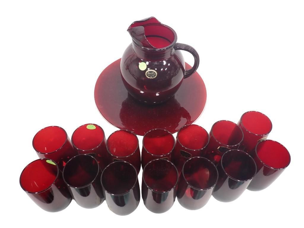 Anchor Royal Ruby Glass incl Serving Tray, Ball Pitcher, 14 Glasses or Tumblers with Stickerss: Anchor Royal Ruby Glass incl Serving Tray, Ball Pitcher, 14 Glasses or Tumblers with Stickers All pictures are considered part of the description and should be examined carefully by bidders. Live Auct