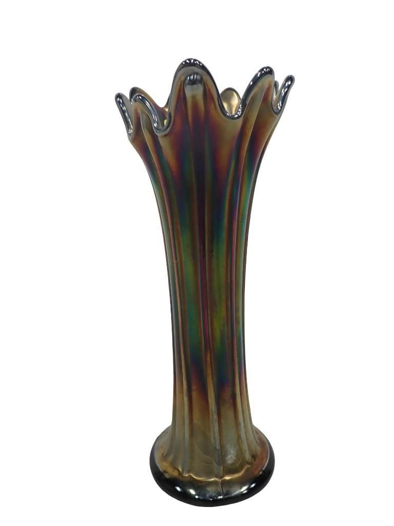 Northwood Carnival Glass Swung Vase or Stretch Vase: Northwood Carnival Glass Swung Vase or Stretch Vase All pictures are considered part of the description and should be examined carefully by bidders. Live Auctioneers is now offering Live Shipping thro