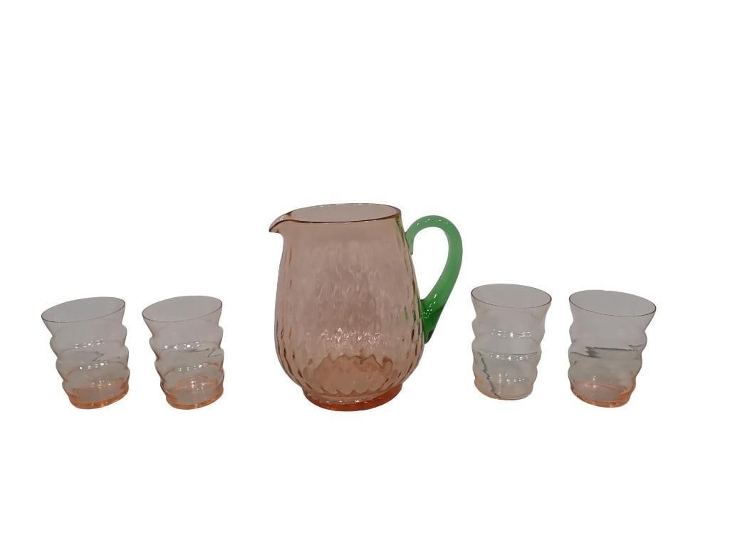 Watermelon Glass Pitcher with 4 Pink Depression Glass Tumblers (1 of 11)