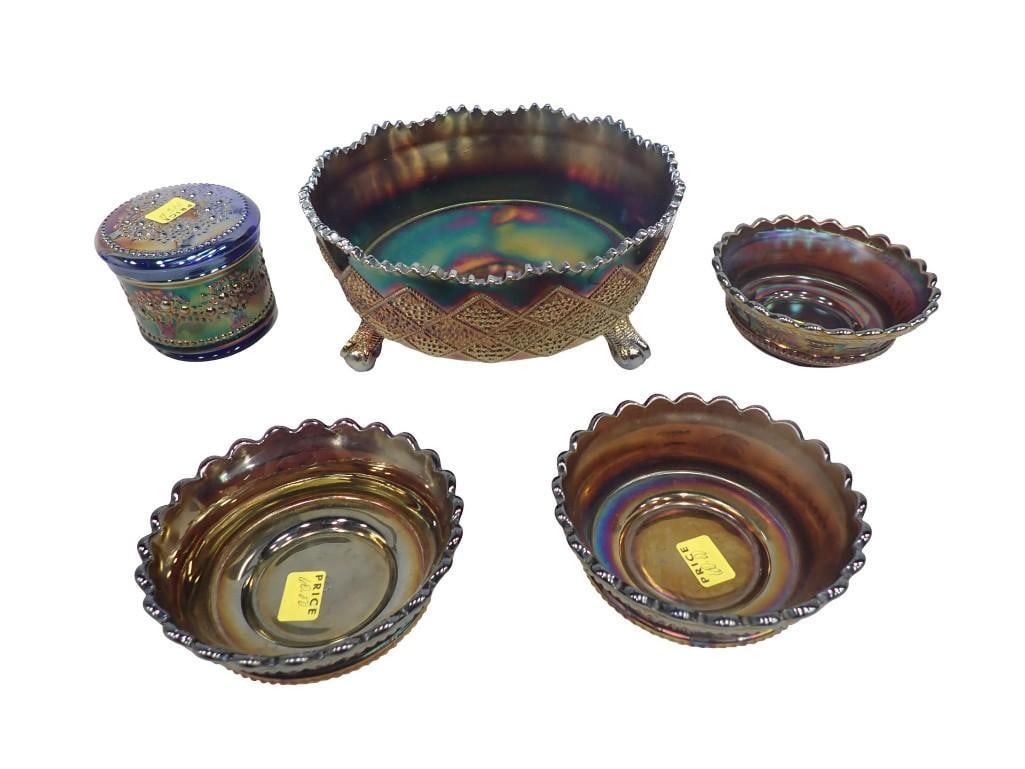 4 Fenton Carnival Glass Bowls incl Large is Tri Footed and 4 Small Bowls and a Covered Jar (1 of 17)