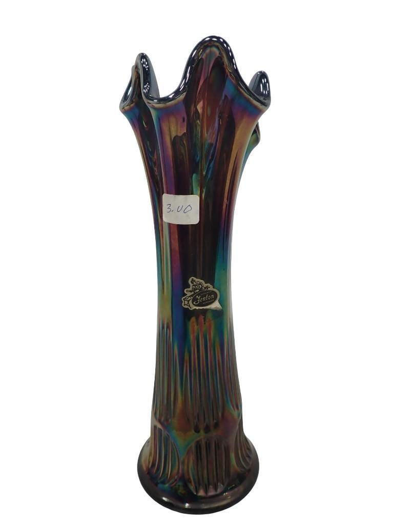 Fenton Amethyst Carnival Glass Oil Slick Sheen Swung Vase or Stretch Vase: Fenton Amethyst Carnival Glass Oil Slick Sheen Swung Vase or Stretch Vase All pictures are considered part of the description and should be examined carefully by bidders. Live Auctioneers is now offer