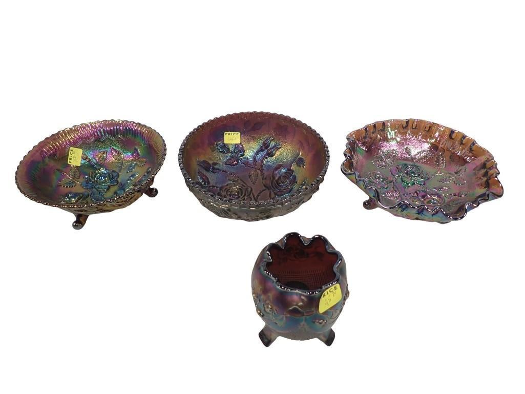 4 Open Rose Pattern Bowls incl Northwood Rose Bowl, Imperial Crimped Edge, Imperial Sawtooth Edge,: 4 Open Rose Pattern Bowls incl Northwood Rose Bowl, Imperial Crimped Edge, Imperial Sawtooth Edge, All pictures are considered part of the description and should be examined carefully by bidders. Live
