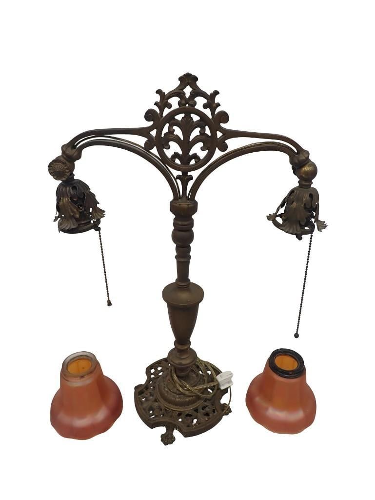 Antique Brass Lamp with Glass Shades: Antique Brass Lamp with Glass Shades All pictures are considered part of the description and should be examined carefully by bidders. Live Auctioneers is now offering Live Shipping through them. This 