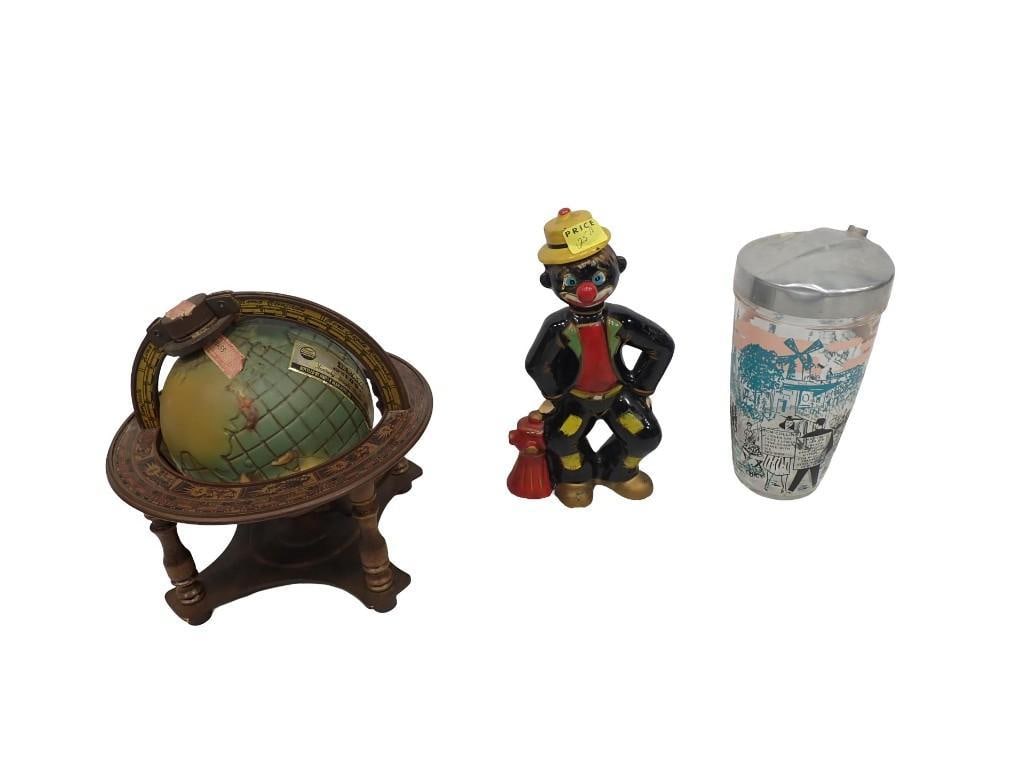Vintage Cocktail Shaker, Globe Jim Beam Decanter, Ceramic Clown Thames Liquor Decanter: Vintage Cocktail Shaker, Globe Jim Beam Decanter, Ceramic Clown Thames Liquor Decanter All pictures are considered part of the description and should be examined carefully by bidders. Live Auctioneers