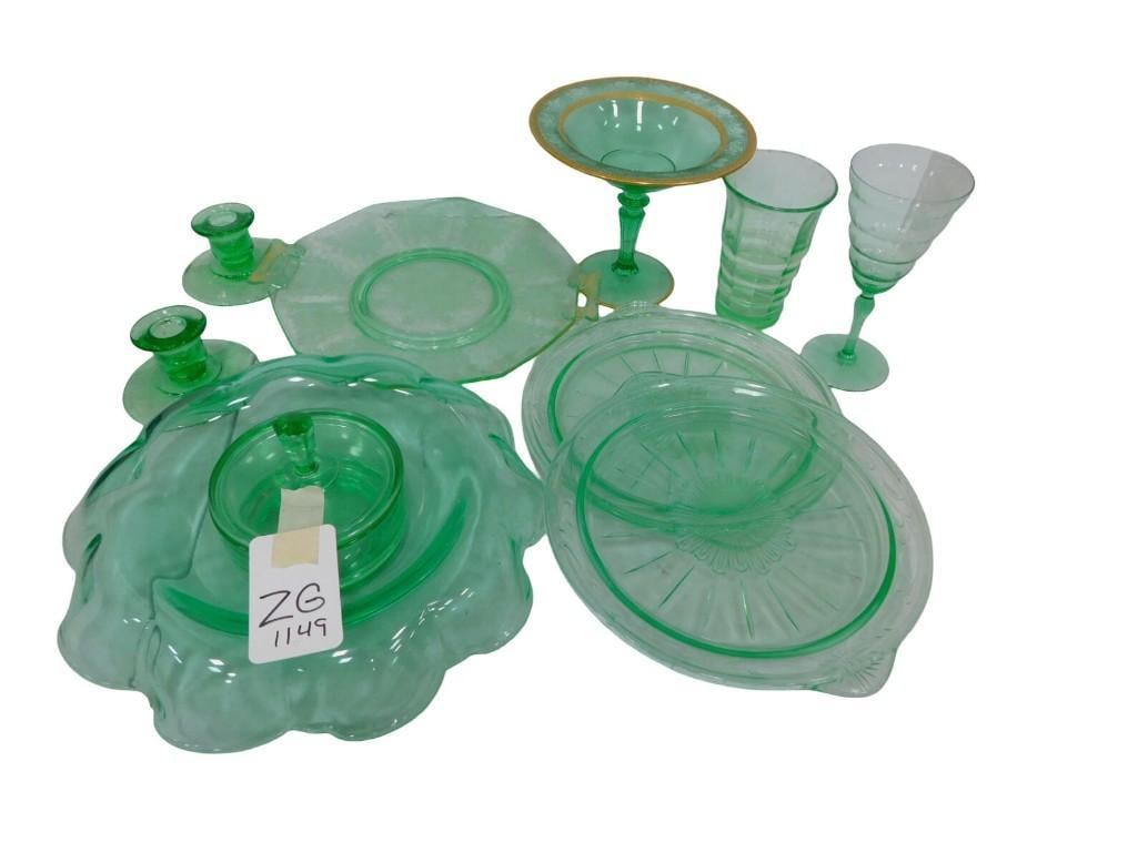 Uranium Glass Trays, Centon Console Bowl, Covered Dish, 2 Candle Holders, Compote,: Uranium Glass Trays, Centon Console Bowl, Covered Dish, 2 Candle Holders, Compote, Tumbler, Wine Stemware Glass All pictures are considered part of the description and should be examined carefully by 