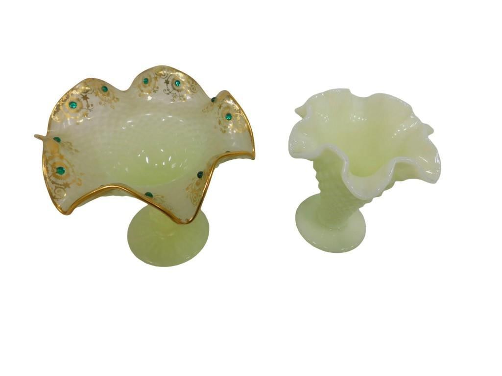 Fenton Hobnail Custard or Vaseline Glass Vase with Gloss Finish, and European Footed Bowl: Fenton Hobnail Custard or Vaseline Glass Vase with Gloss Finish, and European Footed Bowl Custard or Vaseline Glass with Gloss Finish and Gold Rim All pictures are considered part of the description a