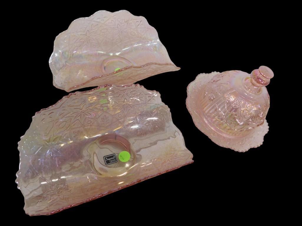 Imperial Glass Iridescent Pink incl Open Rose Butter Dish, 2 Banana Boats (1 of 5)