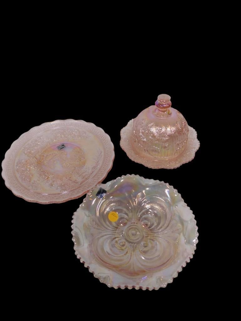 Imperial Glass Iridescent Pink incl Open Rose Butter Dish, Bowl, Platter: Imperial Glass Iridescent Pink incl Open Rose Butter Dish, Bowl, Platter All pictures are considered part of the description and should be examined carefully by bidders. Live Auctioneers is now offeri