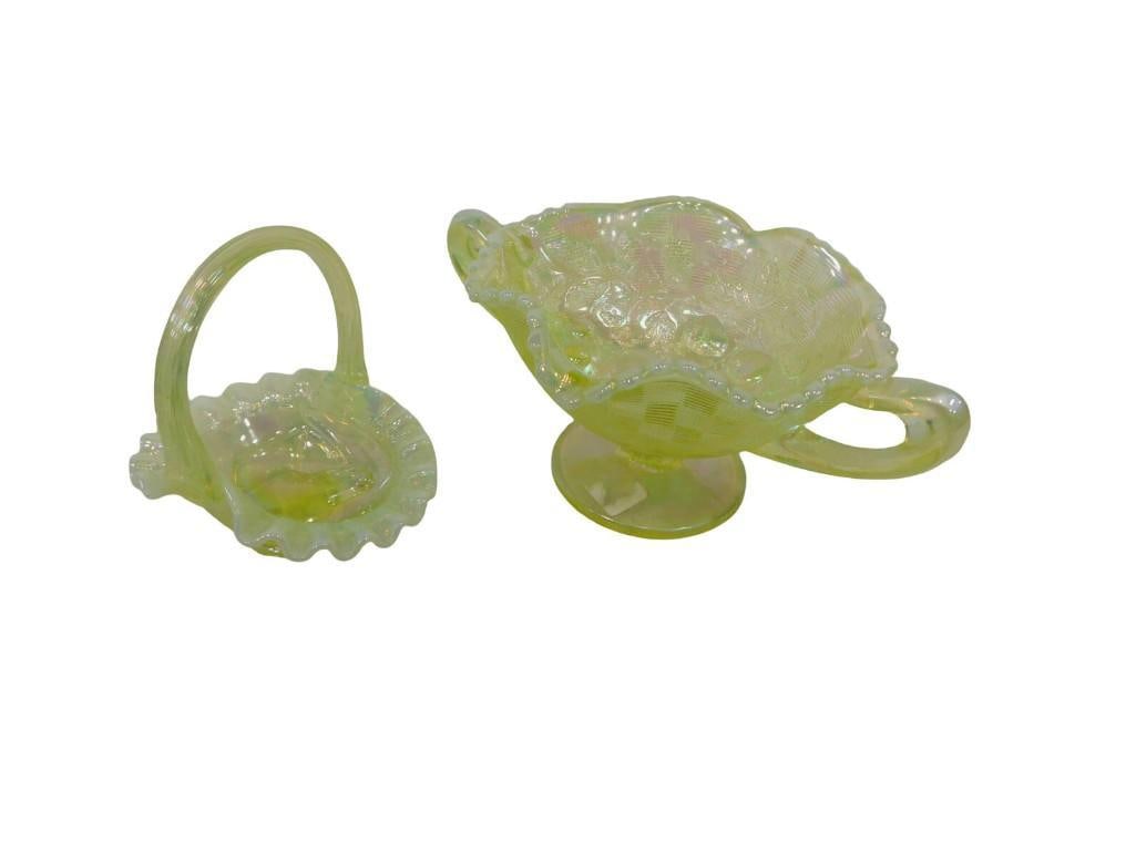 Fenton Opalescent Vaseline Glass Small Basket with Horse Design in Bottom and Basket Weave Dish: Fenton Opalescent Vaseline Glass Small Basket with Horse Design in Bottom and Basket Weave Dish All pictures are considered part of the description and should be examined carefully by bidders. Live Au