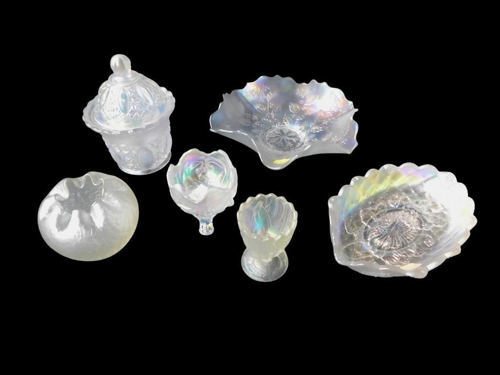 Iridescent Glass incl Imperial and Fenton. Incl Toothpick, Rose Bowl, Dish, Fenton Holly Bowl, etc: Iridescent Glass incl Imperial and Fenton. Incl Toothpick, Rose Bowl, Dish, Fenton Holly Bowl, etc All pictures are considered part of the description and should be examined carefully by bidders. Live
