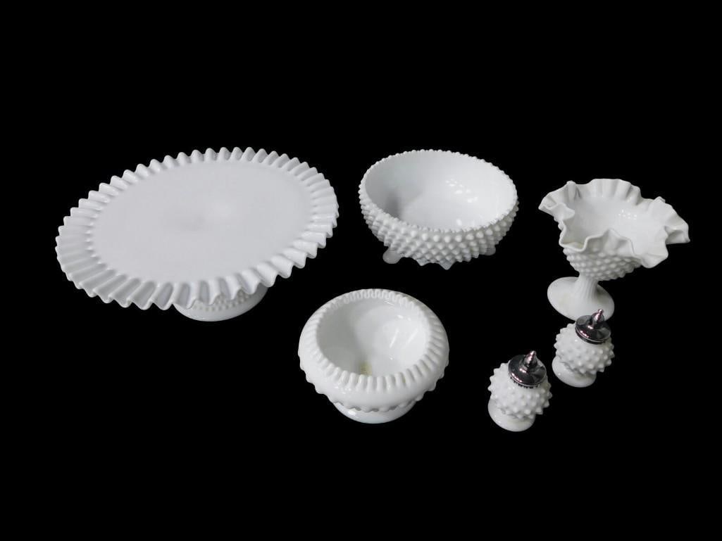 6 pc Fenton Hobnail Milk Glass incl Pedestal Compote, Crimped Rose Bowl, Tri Footed Bowl, Cake Plate: 6 pc Fenton Hobnail Milk Glass incl Pedestal Compote, Crimped Rose Bowl, Tri Footed Bowl, Cake Plate, Salt and Pepper Shakers All pictures are considered part of the description and should be examined