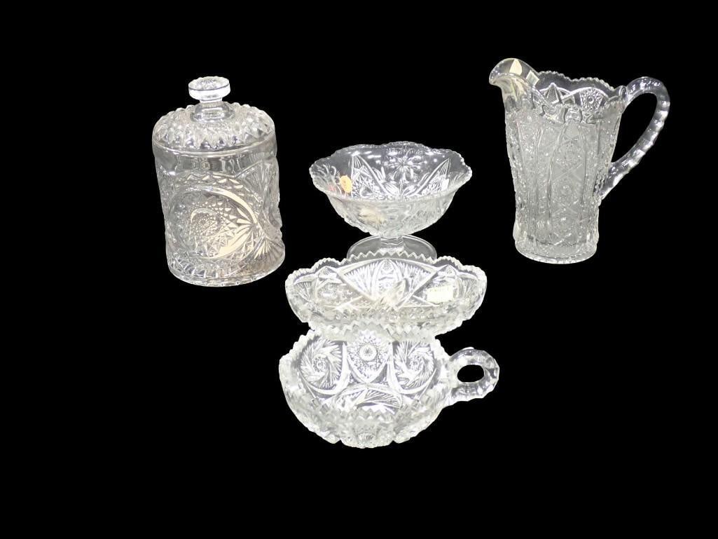 6 pc incl Imperial Glass Nappy, Divided Dish, Pedestal Bowl, Pitcher, Biscuit Jar,: 6 pc incl Imperial Glass Nappy, Divided Dish, Pedestal Bowl, Pitcher, Biscuit Jar, All pictures are considered part of the description and should be examined carefully by bidders. Live Auctioneers is 