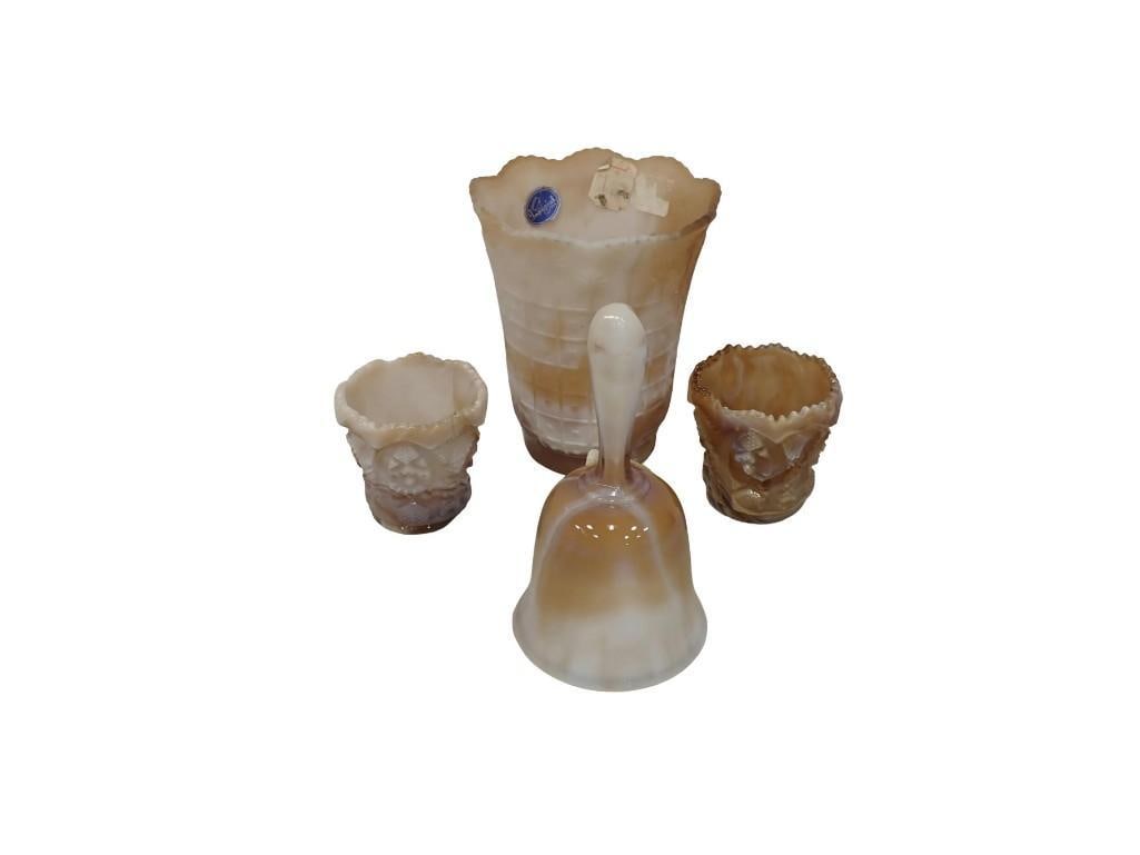 4 pc incl Caramel Slag Glass Toothpick Holders, Satin Finish Vase, Bell: 4 pc incl Caramel Slag Glass Toothpick Holders, Satin Finish Vase, Bell All pictures are considered part of the description and should be examined carefully by bidders. Live Auctioneers is now offerin