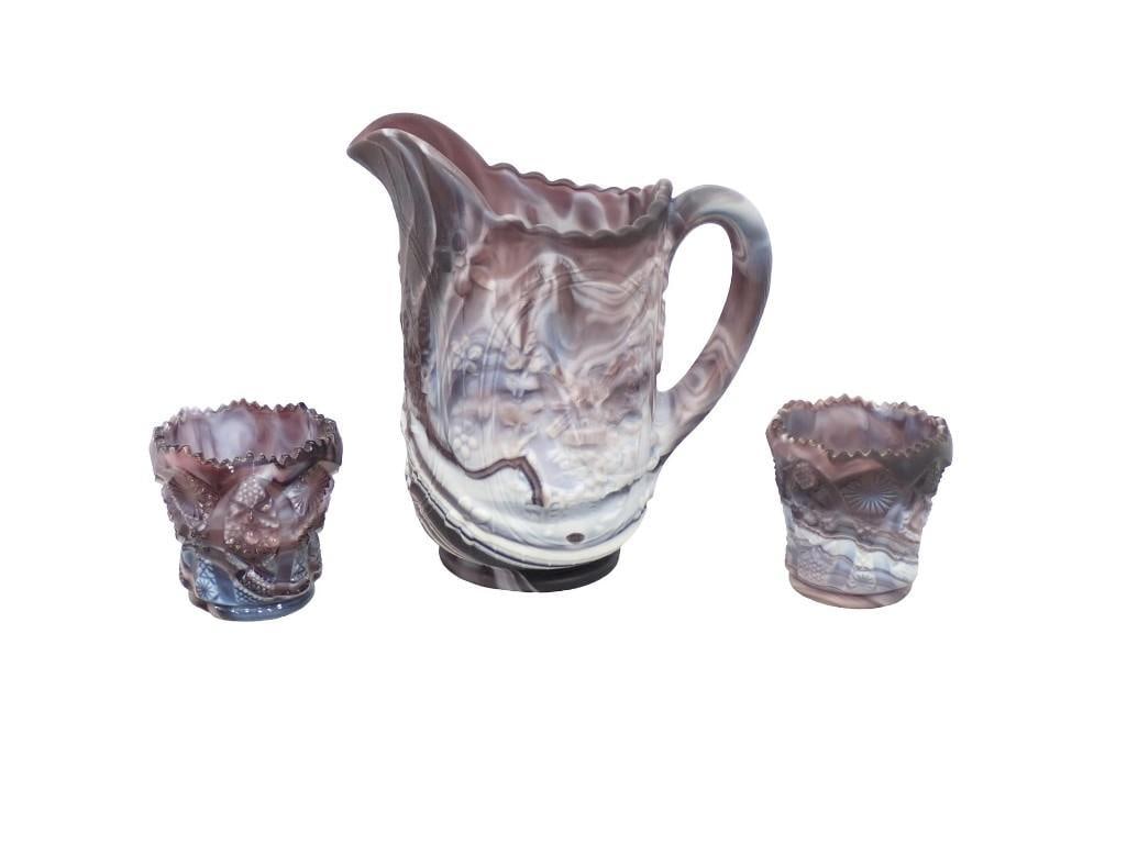3 pc Amethyst and White Slag Glass incl 2 Toothpick Holders and 1 Satin Finish Windmill Pitcher: 3 pc Amethyst and White Slag Glass incl 2 Toothpick Holders and 1 Satin Finish Windmill Pitcher All pictures are considered part of the description and should be examined carefully by bidders. Live Au