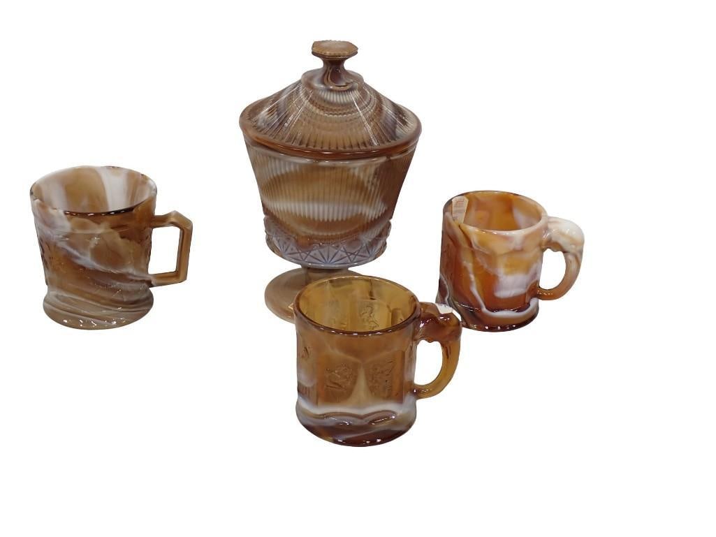 5 pc Imperial Caramel Slag Glass incl Covered Candy Dish, 3 Mugs (1 of 12)