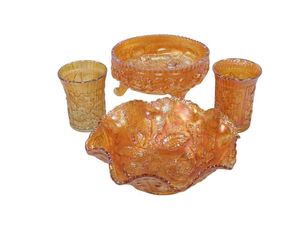 Imperial Glass Open Rose incl 2 Drinking Glasses, Ruffled Edge Bowl, Pedestal Bowl: Imperial Glass Open Rose incl 2 Drinking Glasses, Ruffled Edge Bowl, Pedestal Bowl All pictures are considered part of the description and should be examined carefully by bidders. Live Auctioneers is 