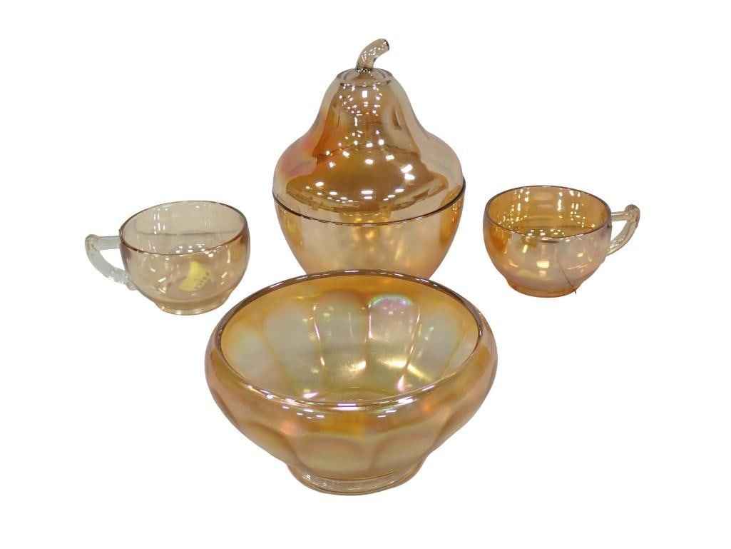 Asst Glass incl Carnival Glass Bowl, Cups, Covered Candy Dish, etc (1 of 8)