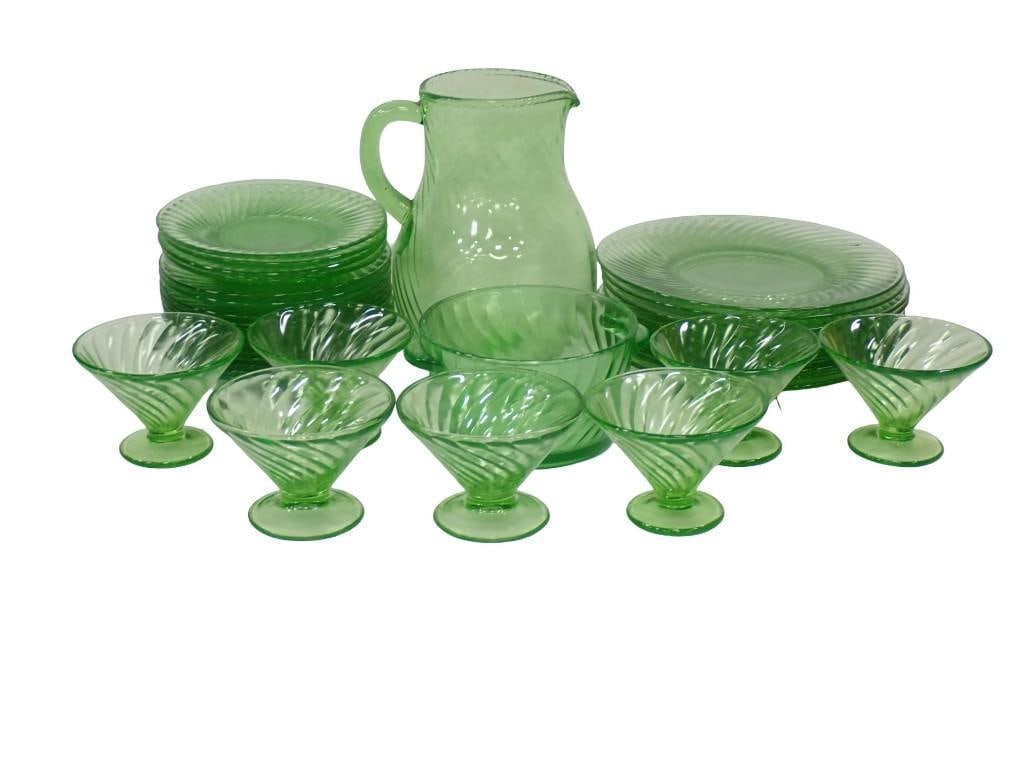 Green Uranium Glass incl Federal Spiral Green Depression Glass incl Pitcher, Plates, Sherbets, Bow (1 of 18)