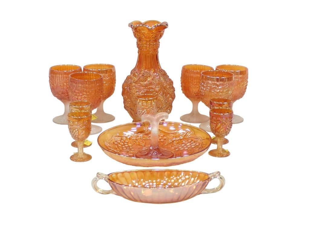 Marigold Carnival Glass incl Tidbid Tray, Stemware, Vase, Etc Grape Pattern: Marigold Carnival Glass incl Tidbid Tray, Stemware, Vase, Etc Grape Pattern. 14 pieces total All pictures are considered part of the description and should be examined carefully by bidders. Live Aucti