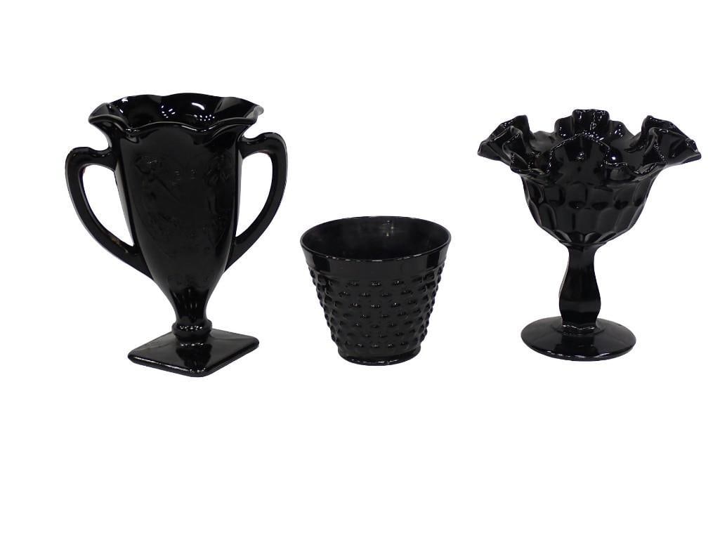 Lot of Black Amethyst Glass incl Hobnail Planter, Thumbprint Pedestal Compote, 2 Handled Dancing Lad: Lot of Black Amethyst Glass incl Hobnail Planter, Thumbprint Pedestal Compote, 2 Handled Dancing Ladies Vase All pictures are considered part of the description and should be examined carefully by bid