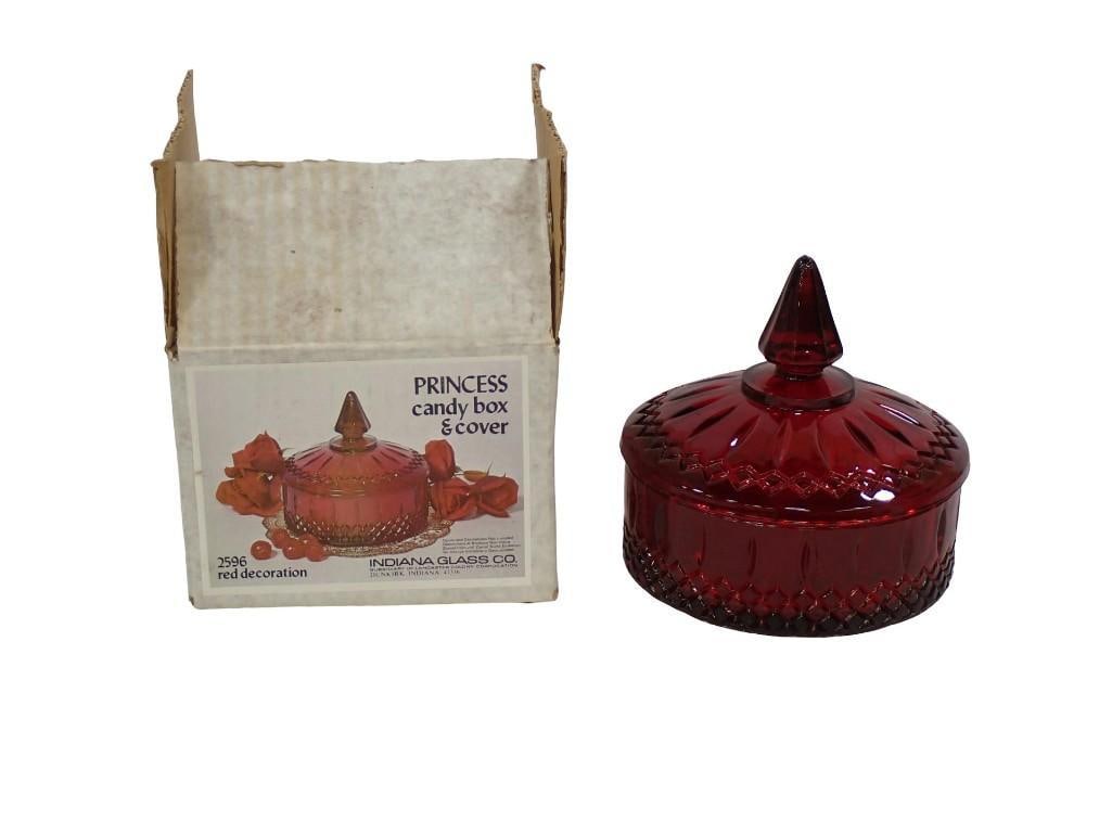 Indiana Glass Princess Candy Box and Cover Red in Original Box: Indiana Glass Princess Candy Box and Cover Red in Original Box All pictures are considered part of the description and should be examined carefully by bidders. Live Auctioneers is now offering Live Sh