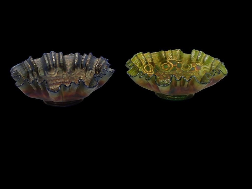 2 Antique Fenton Carnival Glass Bowls Captive Rose Pattern c. 1910s incl Green and Cobalt: 2 Antique Fenton Carnival Glass Bowls Captive Rose Pattern c. 1910s incl Green and Cobalt All pictures are considered part of the description and should be examined carefully by bidders. Live Auctione