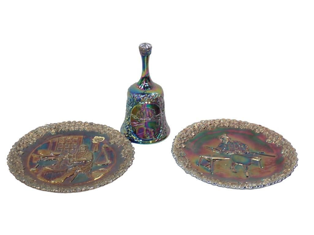3 Fenton Carnival Glass incl Bell and 2 Plates: 3 Fenton Carnival Glass incl Bell and 2 Plates All pictures are considered part of the description and should be examined carefully by bidders. Live Auctioneers is now offering Live Shipping through t