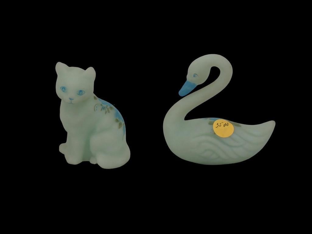 2 pc Fenton Satin Glass incl Swan and Cat Both Signed (1 of 7)