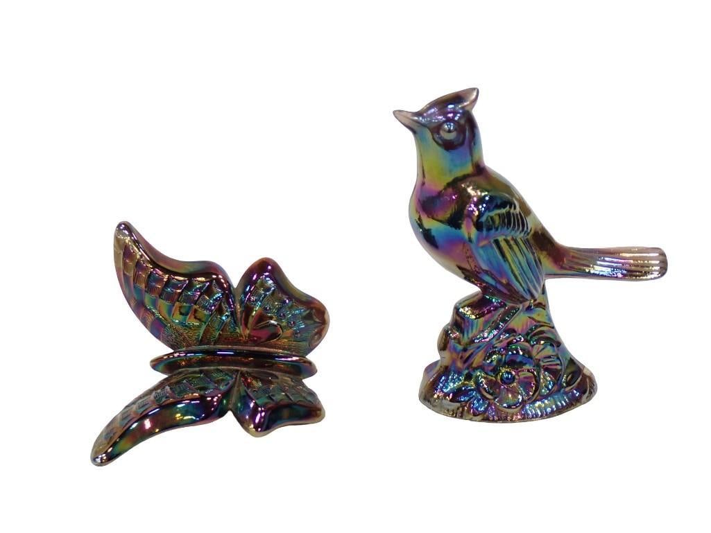 2 Carnival Glass Oil Slick Figures incl Butterfly and Mosser Cardinal Bird (1 of 8)