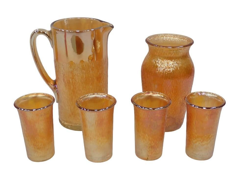 6 pc incl Marigold Jeanette Glass Marigold Textured Tree Bark Pattern Pitcher Set and Vase: 6 pc incl Marigold Jeanette Glass Marigold Textured Tree Bark Pattern Pitcher Set and Vase. Vase has a small chip on the outside of the rim All pictures are considered part of the description an