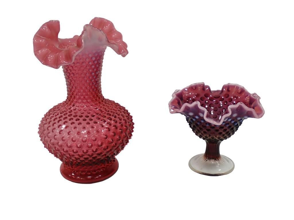 2 Hobnail Items incl Plum Opalescent Hobnail Compote and Opalescent Cranberry Ruffled Edge Vase (1 of 6)
