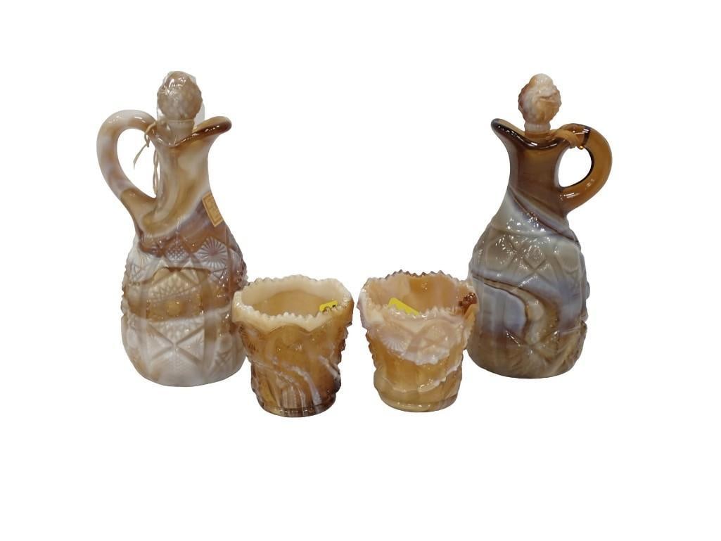 6 pc incl 2 Imperial Caramel Slag Glass End of Day Glass Cruets and 2 Toothpick Holders: 6 pc incl 2 Imperial Caramel Slag Glass End of Day Glass Cruets with 2 stoppers and 2 Toothpick Holders All pictures are considered part of the description and should be examined carefully by bidders.