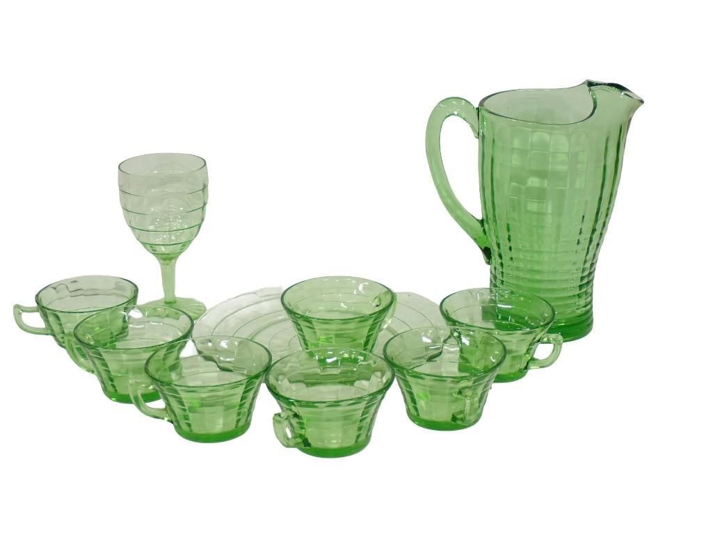 Uranium Glass Set in Block Pattern incl Pitcher, 7 Cups, Plate, Footed Goblet: Uranium Glass Set in Block Pattern incl Pitcher, 7 Cups, Plate, Footed Goblet All pictures are considered part of the description and should be examined carefully by bidders. Live Auctioneers is now o