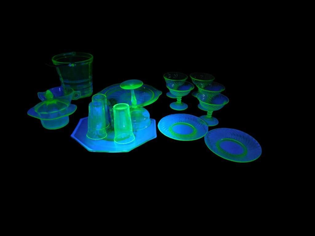 Uranium Glass Items Teal Green Ice Bucket, Tidbit Tray, Glasses, Etc: Uranium Glass Items Teal Green Ice Bucket, Tidbit Tray, Glasses, Etc. Likely to be 1930s Indiana Glass All pictures are considered part of the description and should be examined carefully by bid