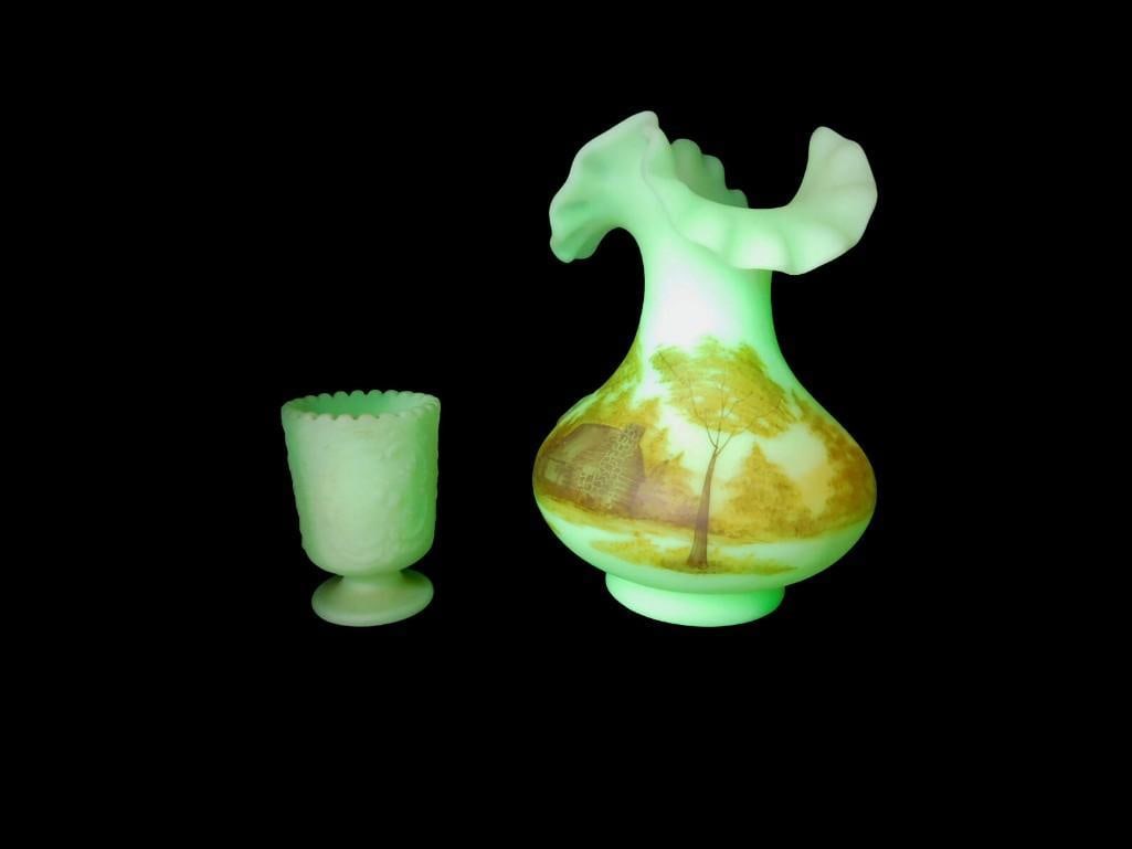 2 Fenton Custard Uranium Glass Items incl Signed Hand Painted Woodland Scene Vase and Toothpick Hold: 2 Fenton Custard Uranium Glass Items incl Signed Hand Painted Woodland Scene Vase and Toothpick Holder All pictures are considered part of the description and should be examined carefully by bidders. 