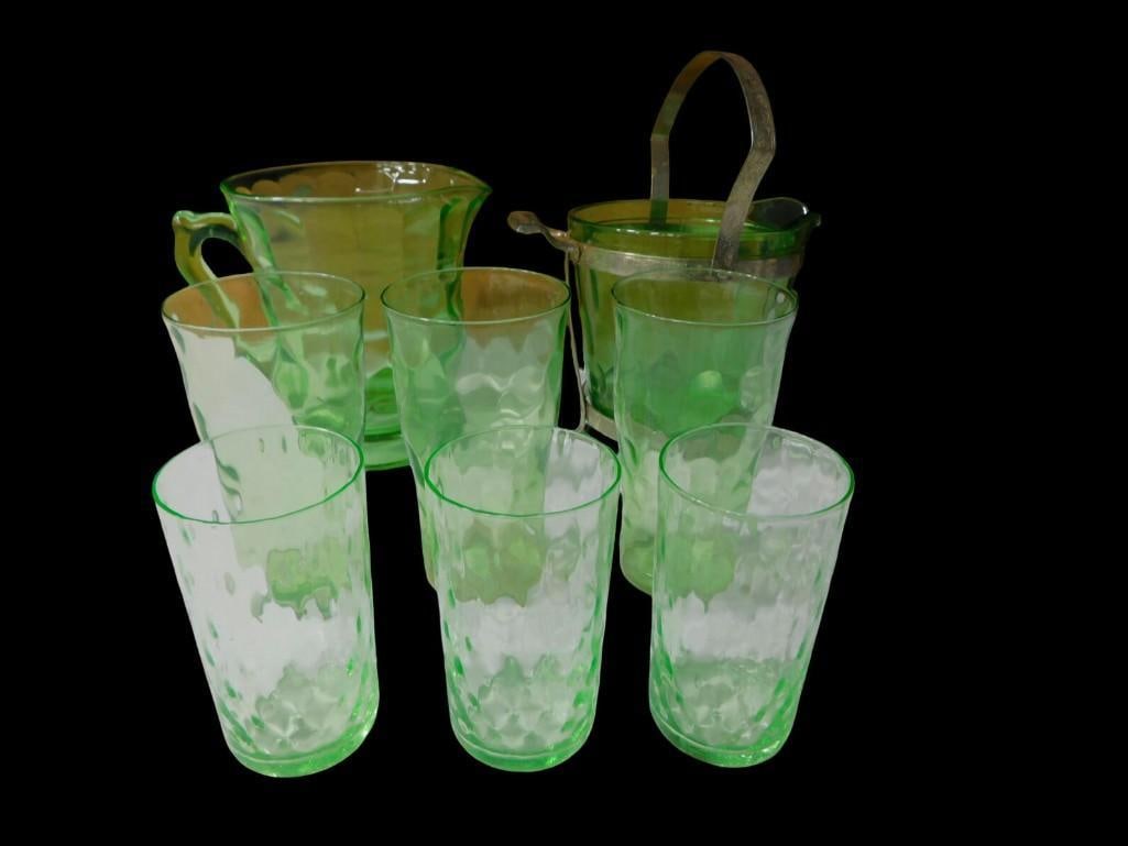 Uranium Glass incl Footed Honeycomb Ice Bucket with Holder, Anchor Hocking Pitcher, Asst Glasses (1 of 11)