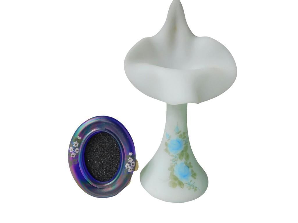2 pc Fenton incl Cobalt Blue Carnival Glass Hand Painted Signed and Numbered Picture Frame: 2 pc Fenton incl Cobalt Blue Carnival Glass Hand Painted Signed and Numbered Picture Frame 93/190, Jack in the Pulpit Vase Satin Blue Hand Painted Signed All pictures are considered part of the descri