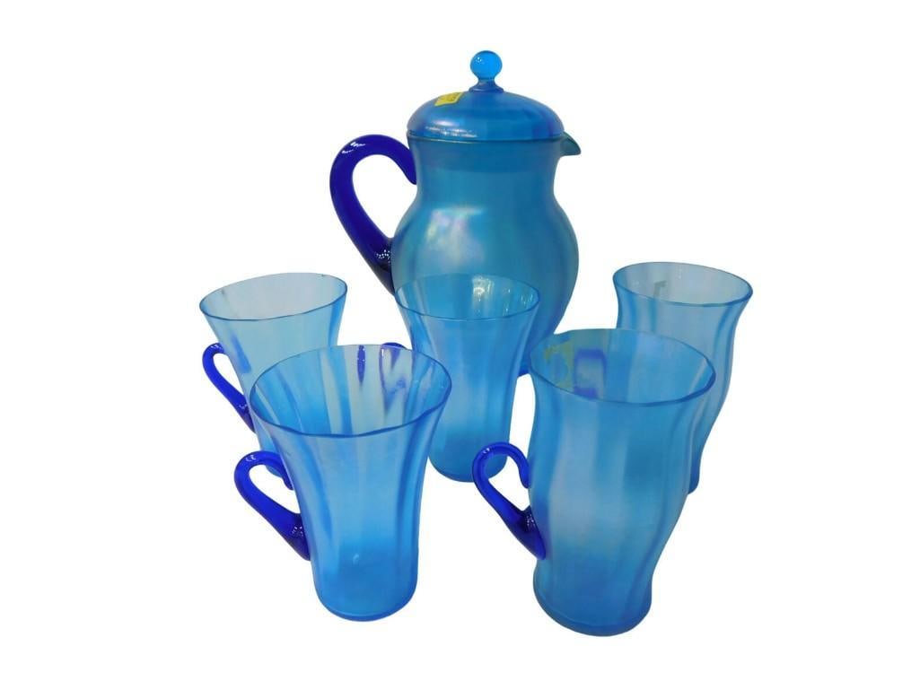 1920s Fenton Set in Celeste Blue Iced Tea or Lemonade Set in Blue Iridescent Stretch Glass (1 of 15)
