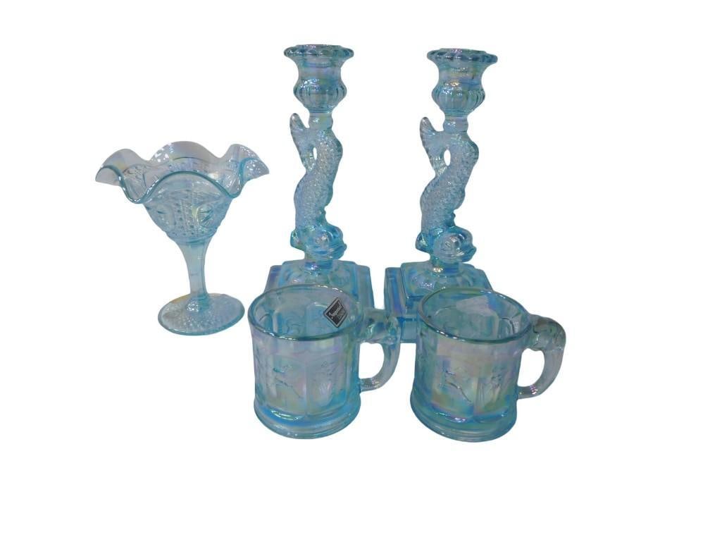 5 pc Imperial Glass Iridescent Ice Blue incl Compote, 2 Koi or Dolphin Candle Holders, 2 Storyteller: 5 pc Imperial Glass Iridescent Ice Blue incl Compote, 2 Koi or Dolphin Candle Holders, 2 Storyteller Mugs All pictures are considered part of the description and should be examined carefully by bidder